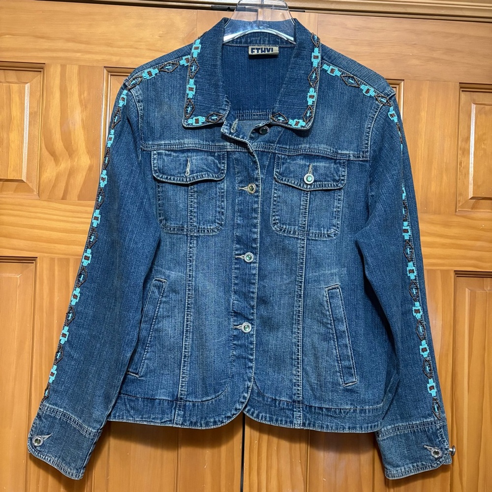 Ethyl Vintage Denim Beaded Aztec Design Denim Jacket Size Large EUC